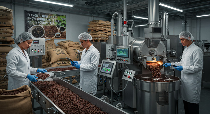 Coffee processing facility with workers in white uniforms inspecting beans by method: natural, washed, and honey.