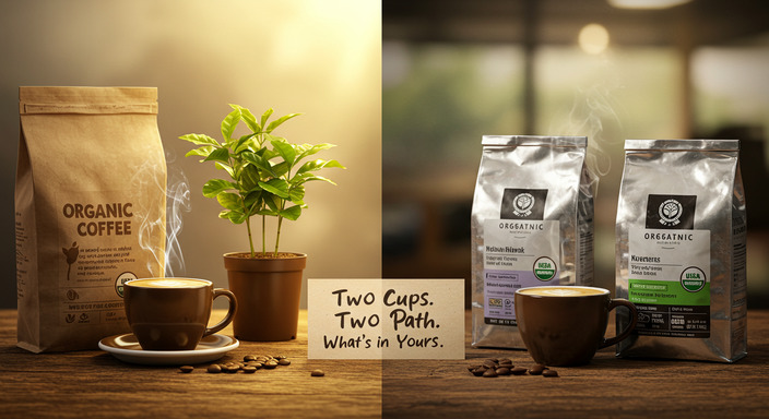 Side-by-side comparison of organic and conventional coffee bags with steaming cups, highlighting certification and farming differences.