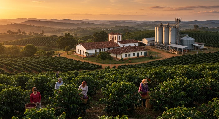 Panoramic view of a Brazilian coffee plantation at sunrise with workers harvesting coffee
