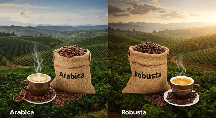 Comparison of Arabica and Robusta coffee beans and brews, highlighting differences in shape, crema, and cultivation environments.