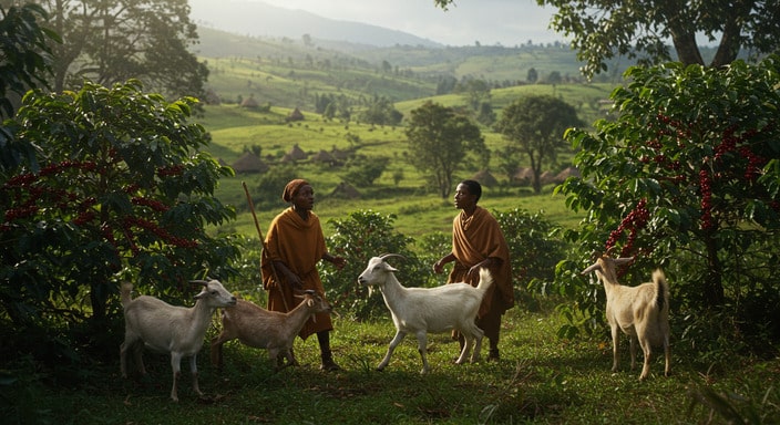 Depiction of Kaldi, the Ethiopian goat herder, observing his goats after they consumed coffee cherries, illustrating the legendary origin of coffee.