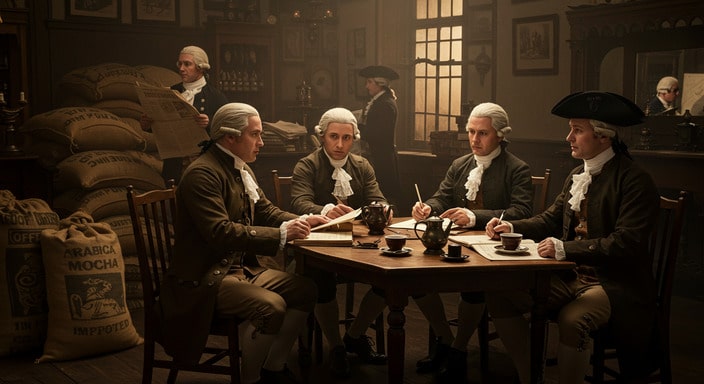 18th-century coffeehouse scene with revolutionaries discussing ideas around a table, surrounded by coffee cups, documents, and burlap coffee sacks marked “Mocha.”