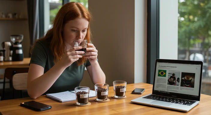 Young red-haired woman tasting specialty coffee in a modern café, analyzing beans from Brazil, Colombia, and Ethiopia—capturing the mindful, productive spirit of Coffee with Finance.