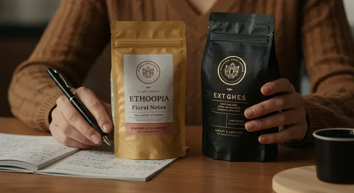 American woman observing a table with specialty coffee on one side and gourmet coffee on the other, comparing tools, flavor notes, and presentation.