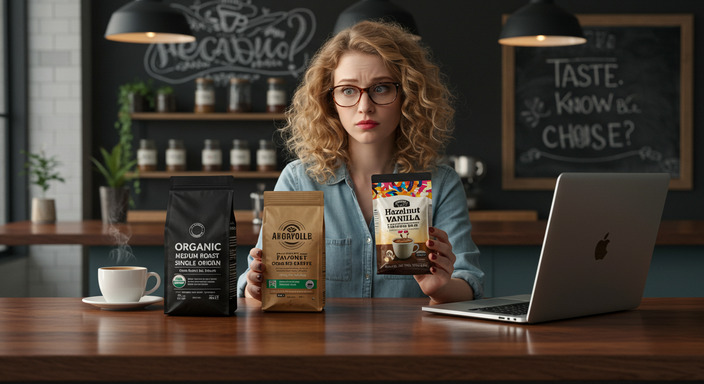 Woman comparing flavored and organic coffee bags on café counter, looking confused with a search open on her laptop.