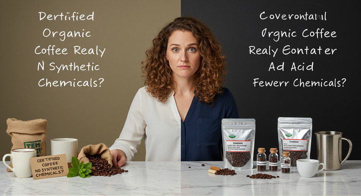 Split image showing organic coffee with natural beans and conventional coffee with additives, woman comparing both on counter.