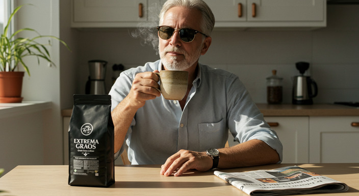 Senior man enjoying organic coffee in a sunlit kitchen, highlighting health benefits and well-being.