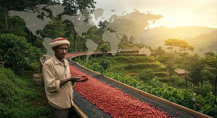 Ethiopian farmer holding ripe coffee cherries in a highland farm, symbolizing the origin of coffee and its cultural journey from Ethiopia to the world.