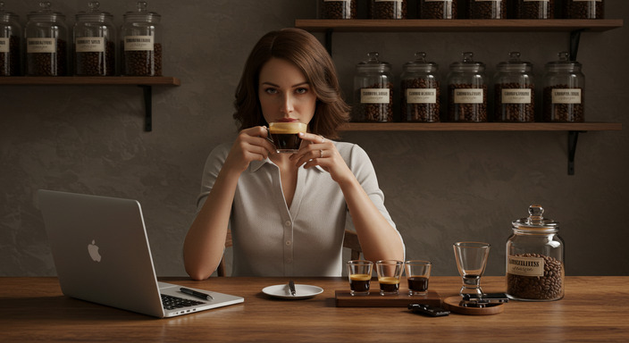 Woman evaluating gourmet coffee aroma with tasting cups and a notebook in an elegant coffee tasting room.