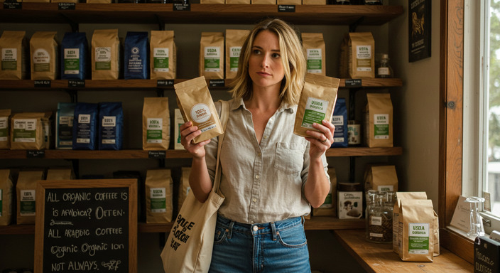 Woman comparing coffee bags labeled Arabica and Organic in a specialty coffee store, with natural sunlight and thoughtful expression.