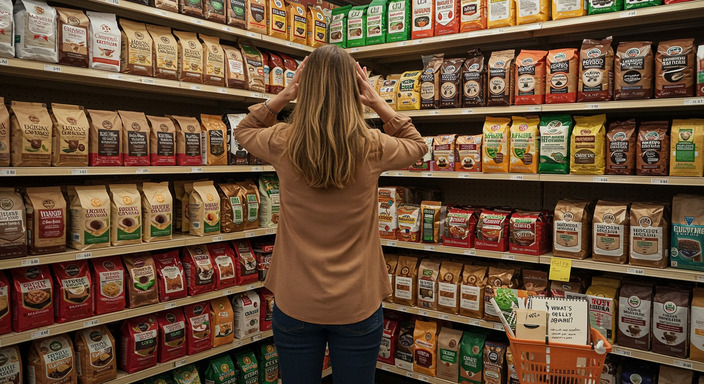 Confused American woman with hands on head in supermarket aisle filled with coffee bags labeled Arabica, Organic, and Natural.