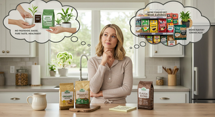 American woman in kitchen thinking about organic vs. conventional coffee, with visual thought bubbles comparing both options.