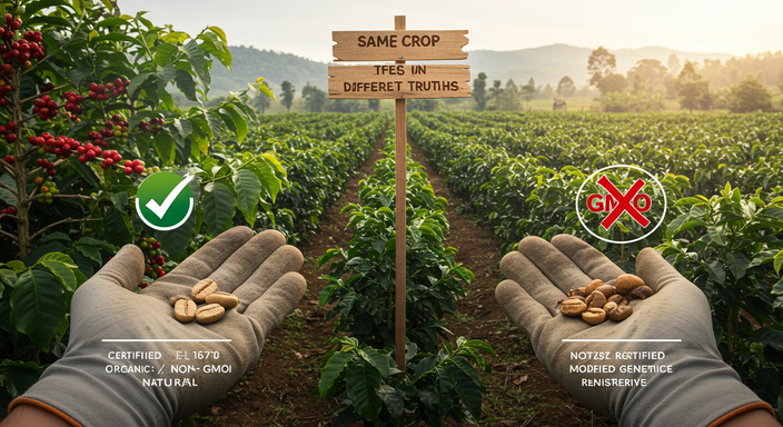 Split coffee farm image showing organic coffee bean on one side and GMO coffee bean with red X on the other.
