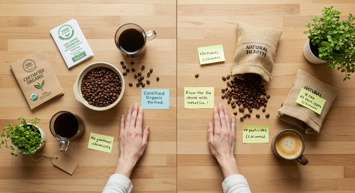Flat-lay of a modern kitchen counter comparing organic and natural coffee, with beans, cups, and labels highlighting the differences.