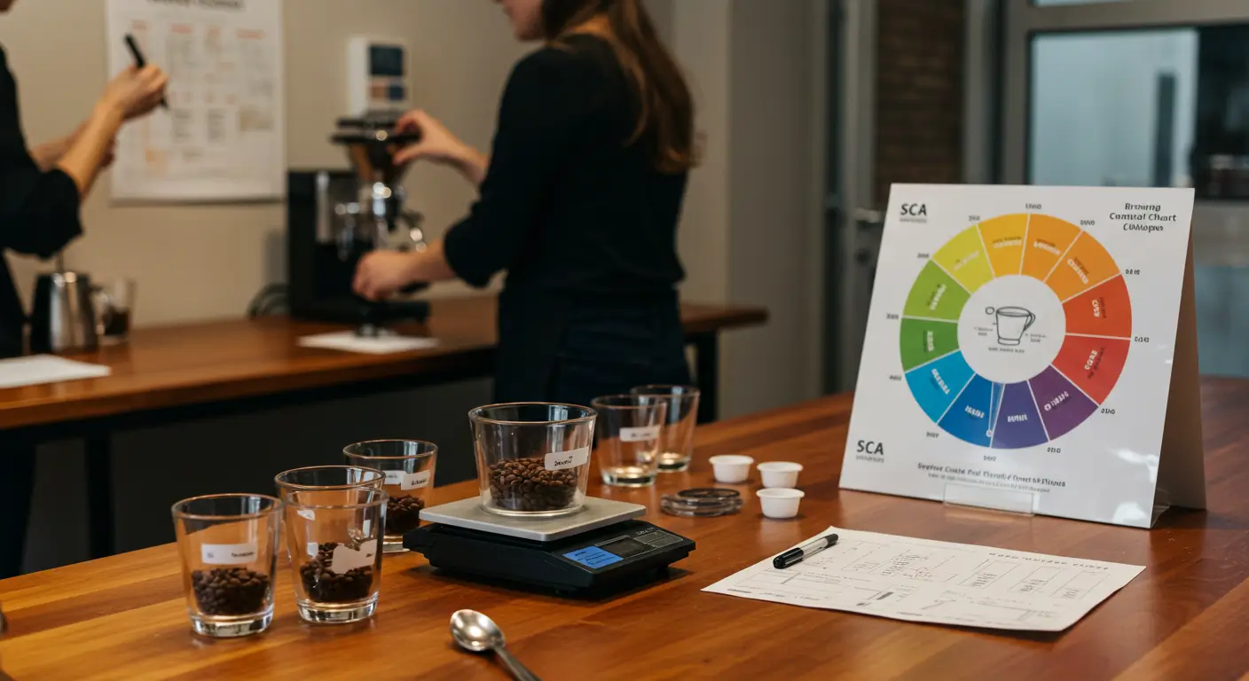 Professional barista using SCA Flavor Wheel to evaluate specialty coffee in a cupping lab, with cupping glasses, scale, and score sheets on the table.