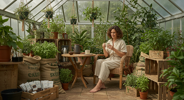 Woman sitting in a greenhouse café surrounded by plants, barefoot and relaxed, enjoying organic coffee from a handmade mug.