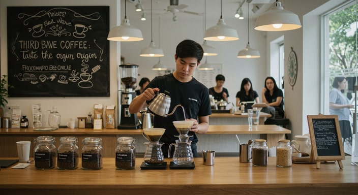 Barista preparing pour-over coffee with single-origin beans in a minimalist Third Wave café, emphasizing craftsmanship and origin.
