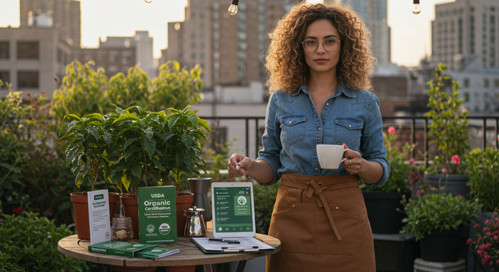 Woman on a rooftop garden holding a cup of organic coffee and a clipboard, surrounded by coffee plants and certification documents.