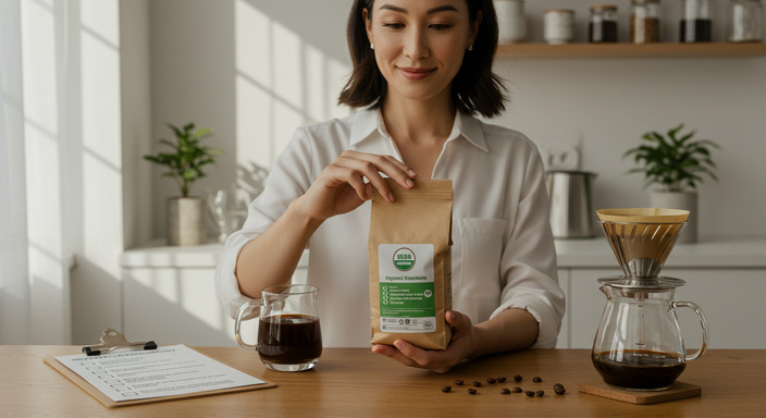 Close-up of woman holding coffee bag showing USDA Organic seal, with checklist and brewing setup in the background.