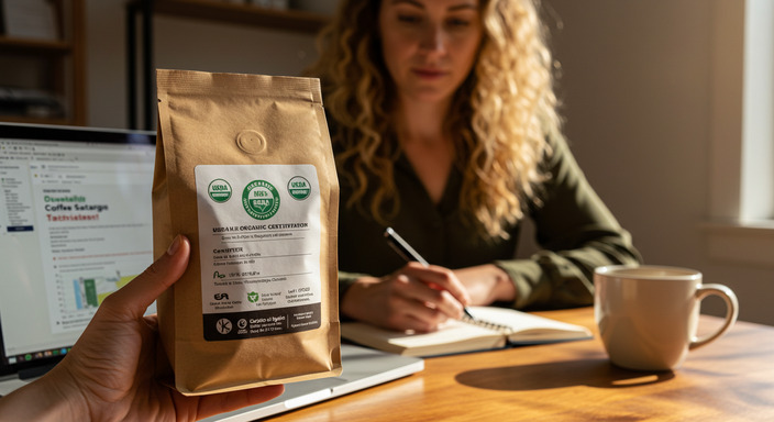 Coffee bag with USDA Organic label in focus, next to a laptop showing certification standards, woman reading in background.