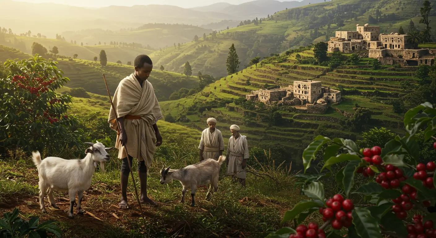 A young Ethiopian goat herder watches goats eating coffee cherries near wild coffee plants, symbolizing the legend of Kaldi and the origins of coffee in Ethiopia.