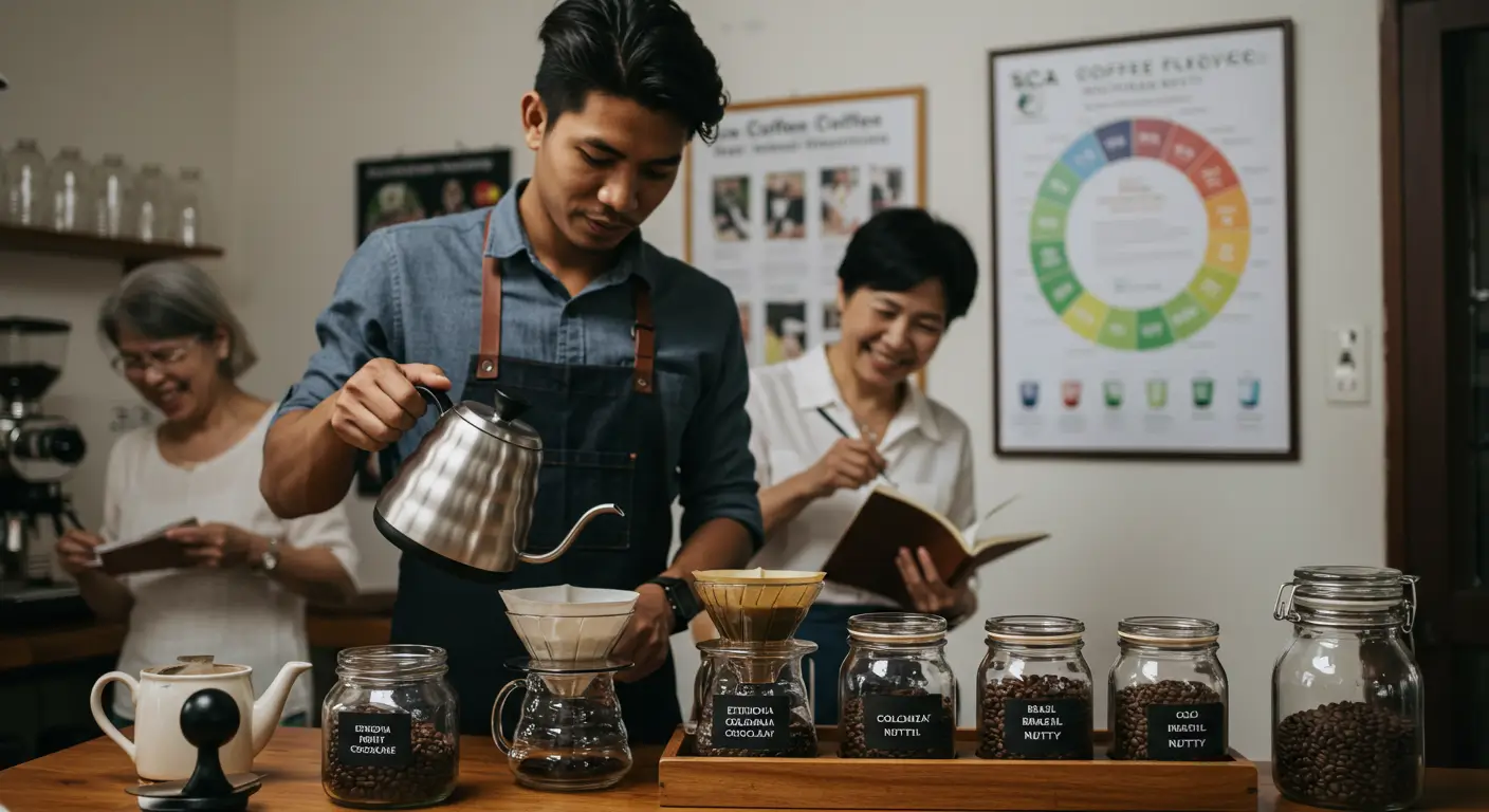 Barista brewing pour-over specialty coffee with labeled origin jars and SCA materials, while a woman takes tasting notes in a warm café setting.