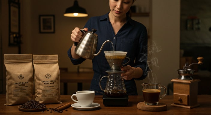 Barista performing pour-over brewing with single-origin Arabica beans in a cozy café setting.