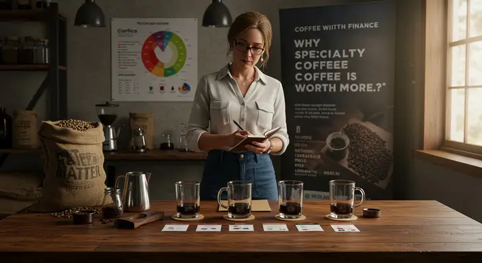 American woman analyzing specialty coffee samples in a modern café, with origin cards, tasting notes, and a flavor wheel in the background.