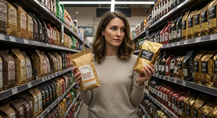 Woman in a supermarket aisle comparing specialty and gourmet coffee bags, holding one in each hand with a thoughtful expression.