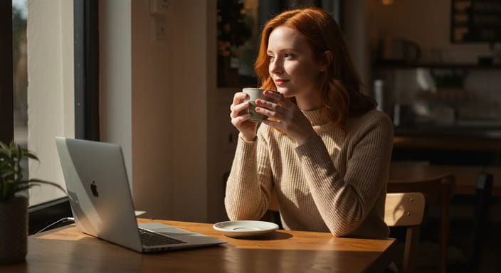 A young red-haired woman enjoying a cup of specialty coffee in a cozy, modern café—symbolizing mindful living, productivity, and the Coffee with Finance lifestyle.