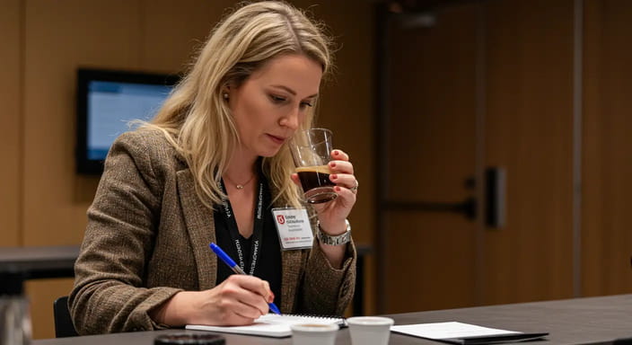 Elegant blonde woman evaluating specialty coffee at an SCA cupping session, taking notes with focus and professionalism—symbolizing sensory expertise and coffee education.