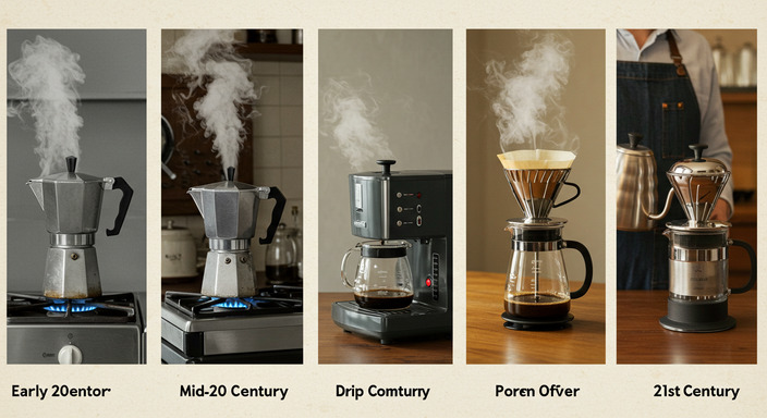 A visual timeline depicting the evolution of coffee brewing methods from percolator to pour-over.