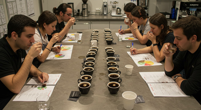 Professionals conducting a coffee cupping session, evaluating aroma and flavor profiles in a modern coffee lab.