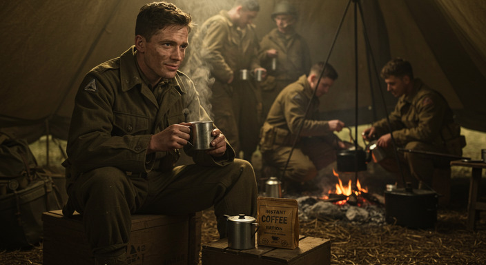 American WWII soldier drinking coffee from a tin cup in a military field camp with instant coffee ration nearby.