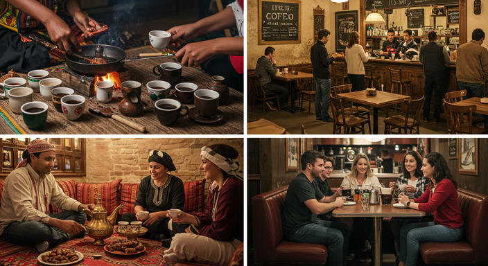 A montage depicting traditional coffee rituals from Ethiopia, Italy, the Middle East, and America, centered around a steaming cup of black coffee.