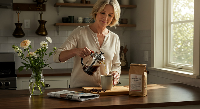 A person pours coffee from a French press into a ceramic mug in a sunlit kitchen, with traditional coffee elements in the background