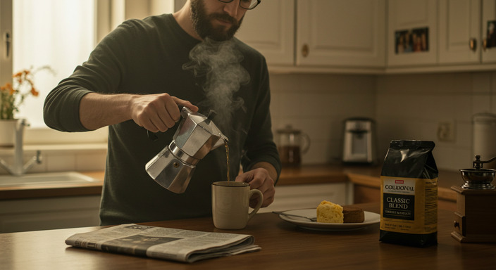 A middle-aged individual enjoying a morning cup of traditional coffee in a cozy kitchen setting.