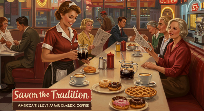 A classic American diner scene with patrons enjoying traditional black coffee, served by a waitress refilling cups from a glass carafe.