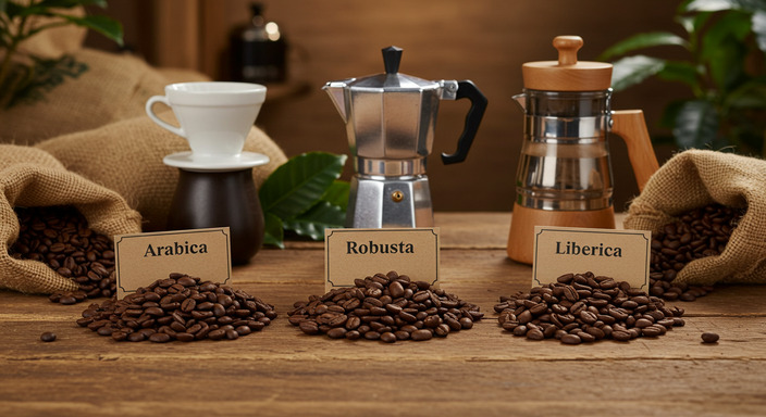 A rustic display of Arabica, Robusta, and Liberica coffee beans with corresponding traditional brewing devices on a wooden table.