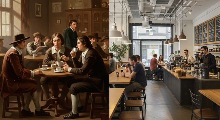 Split-screen image depicting a 17th-century European coffeehouse on the left and a modern-day café on the right, showcasing the evolution of coffee culture.