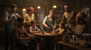 People from different cultures sharing coffee together, representing global connections through the universal love of coffee