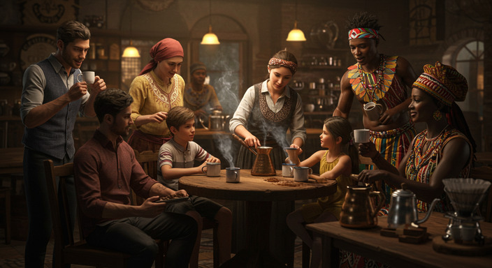 People from different cultures sharing coffee together, representing global connections through the universal love of coffee