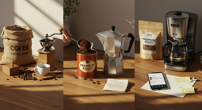 OV de uma pessoa avaliando uma embalagem de caféem lata café moderno . Ponto de vista de uma pessoa avaliando inovações em embalagens de café: saco de estopa com moedor, café em lata com cafeteira e café moído moderno selado a vácuo.