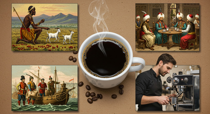 A collage illustrating coffee's journey from its legendary discovery in Ethiopia to modern-day coffee culture.