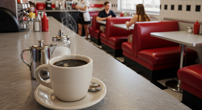 Classic American diner scene featuring a steaming cup of black coffee on the counter with vintage décor in the background.