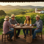 Brazilian rural family enjoying coffee on a farm in Minas Gerais, surrounded by coffee plants and a colonial farmhouse