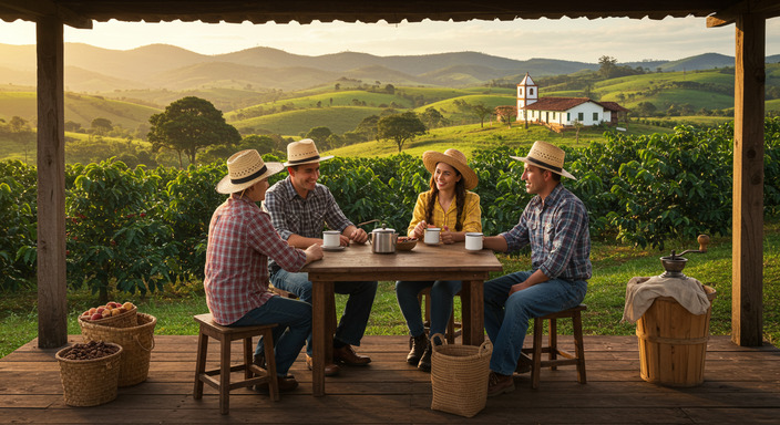 Brazilian rural family enjoying coffee on a farm in Minas Gerais, surrounded by coffee plants and a colonial farmhouse