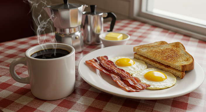 Classic American breakfast with traditional black coffee, eggs, bacon, and toast in a cozy diner setting.