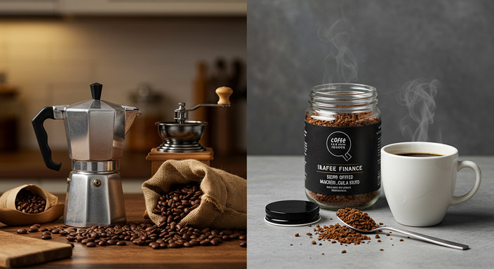 A side-by-side comparison of traditional coffee brewing with a drip coffee maker and instant coffee brewing with grounds and hot water.