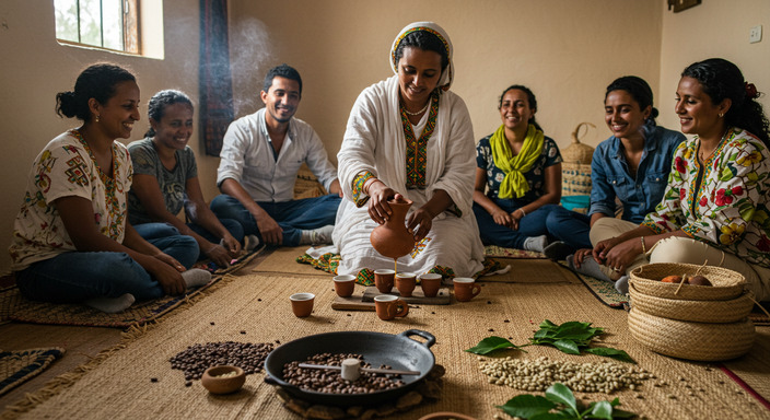Traditional Ethiopian Coffee Ceremony with a woman serving coffee from a jebena in a warm setting, surrounded by family, symbolizing cultural connection and heritage.